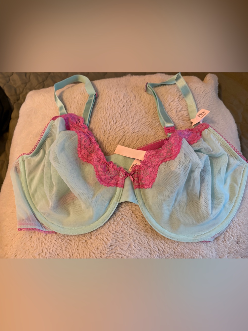 Victoria's Secret Light Blue Bra with Bright Pink Lace Trim
